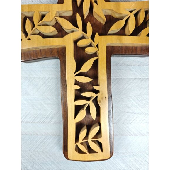Handcrafted Wooden Wall Cross Intricate Leaf Design 11" Handmade by John Shaw - Picture 6 of 7